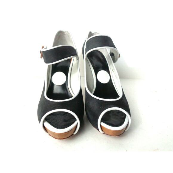 ras 6.5M Black / White Peep Leather Peep Toe Mary Jane Platform Wood Heel Shoes - Picture 2 of 9